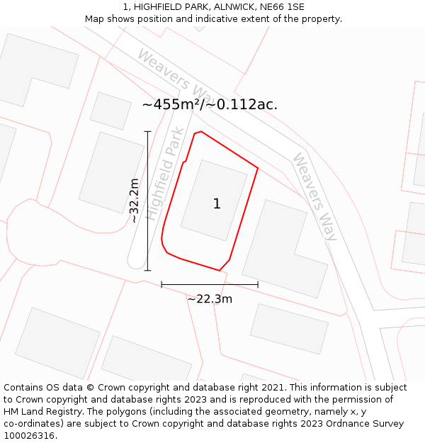 1, HIGHFIELD PARK, ALNWICK, NE66 1SE: Plot and title map
