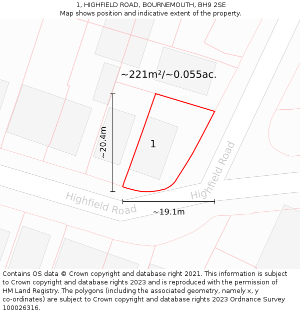1, HIGHFIELD ROAD, BOURNEMOUTH, BH9 2SE: Plot and title map