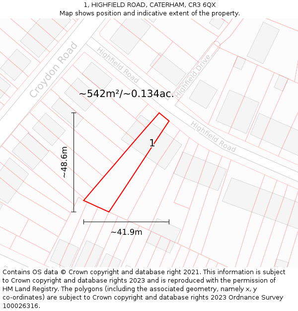 1, HIGHFIELD ROAD, CATERHAM, CR3 6QX: Plot and title map