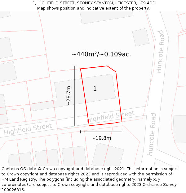 1, HIGHFIELD STREET, STONEY STANTON, LEICESTER, LE9 4DF: Plot and title map