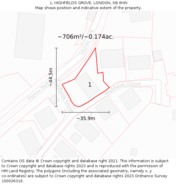 1, HIGHFIELDS GROVE, LONDON, N6 6HN: Plot and title map