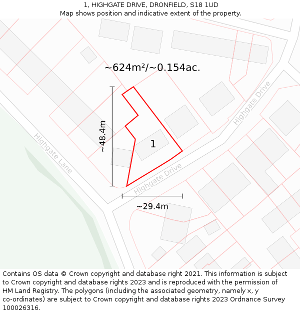 1, HIGHGATE DRIVE, DRONFIELD, S18 1UD: Plot and title map