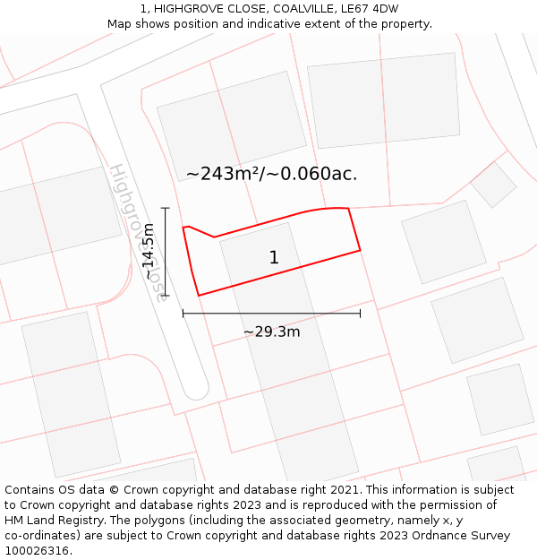 1, HIGHGROVE CLOSE, COALVILLE, LE67 4DW: Plot and title map