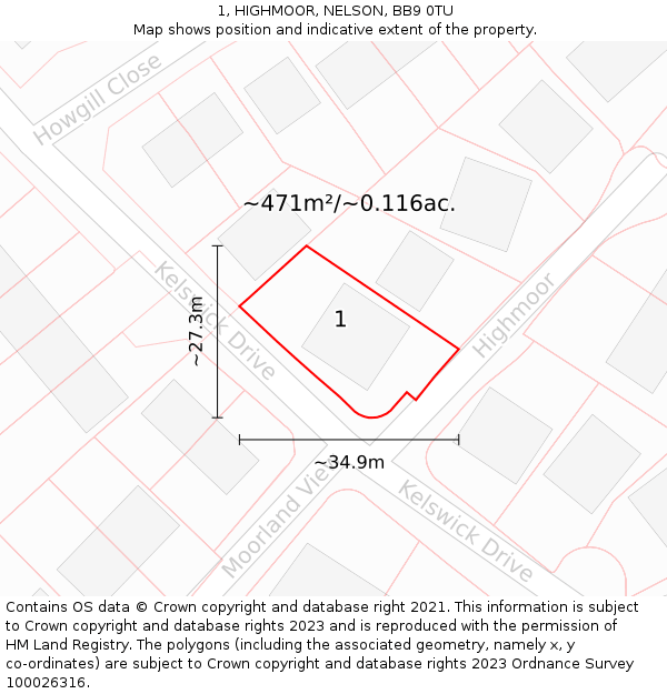 1, HIGHMOOR, NELSON, BB9 0TU: Plot and title map