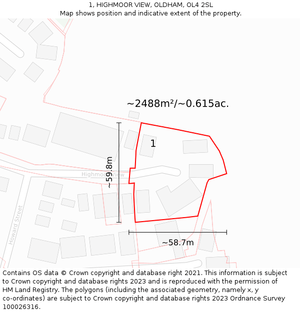 1, HIGHMOOR VIEW, OLDHAM, OL4 2SL: Plot and title map