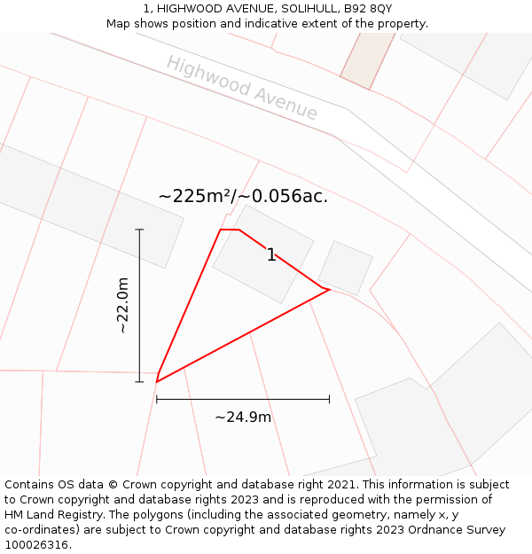 1, HIGHWOOD AVENUE, SOLIHULL, B92 8QY: Plot and title map