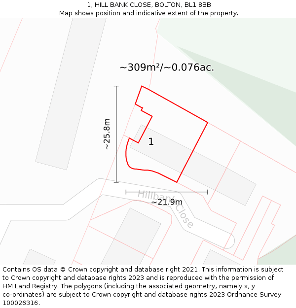 1, HILL BANK CLOSE, BOLTON, BL1 8BB: Plot and title map