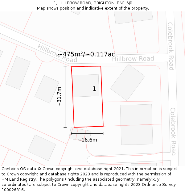 1, HILLBROW ROAD, BRIGHTON, BN1 5JP: Plot and title map