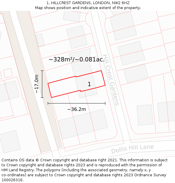 1, HILLCREST GARDENS, LONDON, NW2 6HZ: Plot and title map