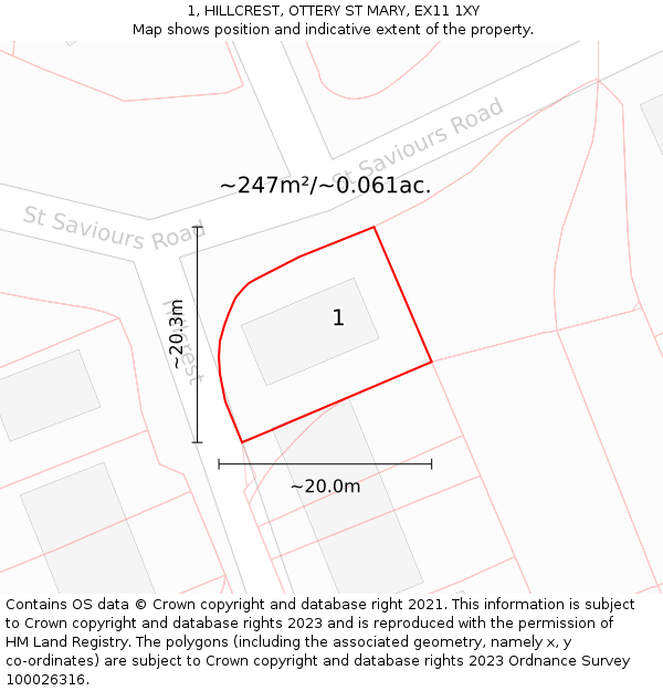 1, HILLCREST, OTTERY ST MARY, EX11 1XY: Plot and title map