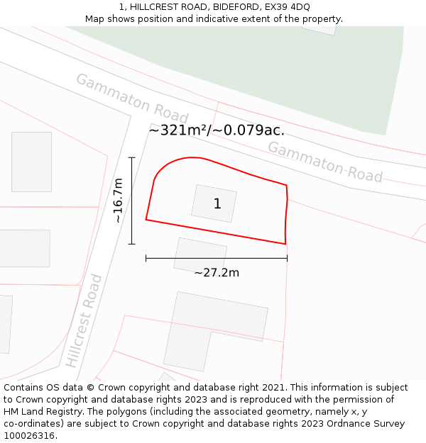 1, HILLCREST ROAD, BIDEFORD, EX39 4DQ: Plot and title map