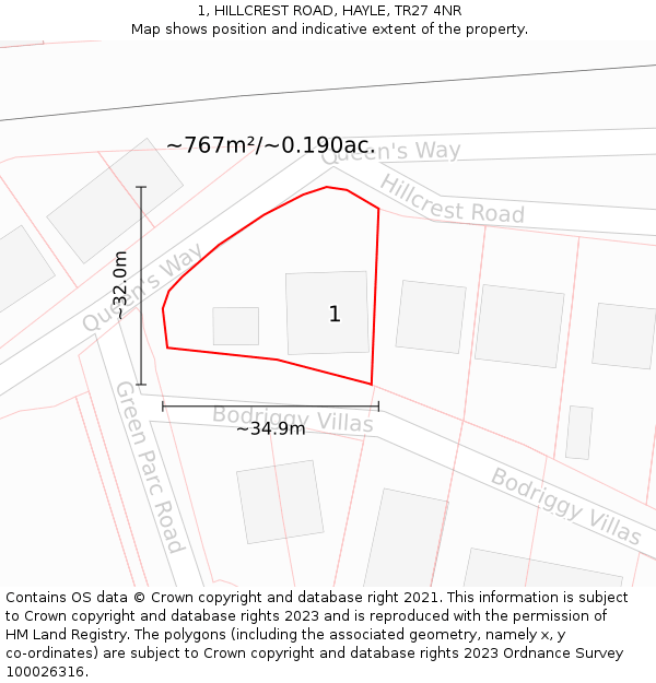1, HILLCREST ROAD, HAYLE, TR27 4NR: Plot and title map