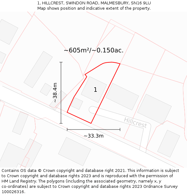 1, HILLCREST, SWINDON ROAD, MALMESBURY, SN16 9LU: Plot and title map