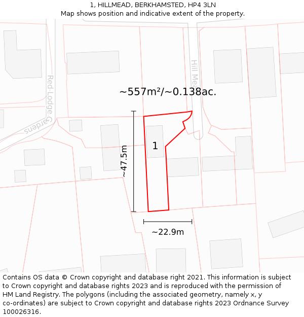 1, HILLMEAD, BERKHAMSTED, HP4 3LN: Plot and title map