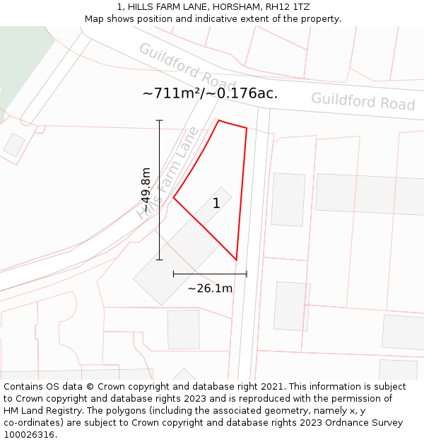 1, HILLS FARM LANE, HORSHAM, RH12 1TZ: Plot and title map