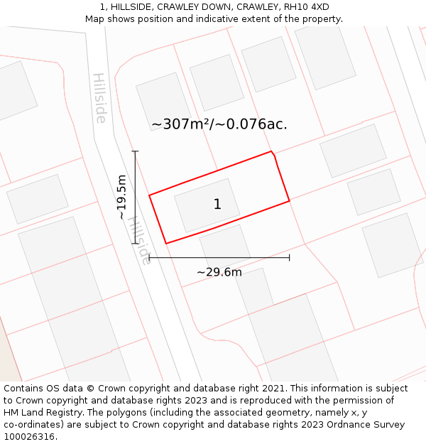 1, HILLSIDE, CRAWLEY DOWN, CRAWLEY, RH10 4XD: Plot and title map