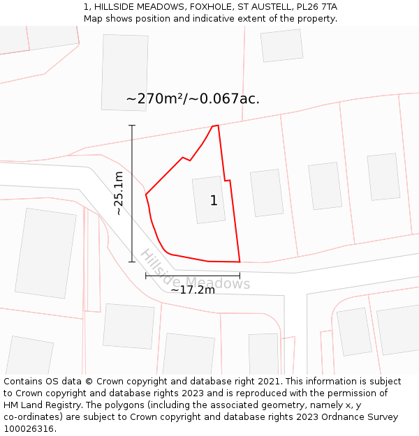 1, HILLSIDE MEADOWS, FOXHOLE, ST AUSTELL, PL26 7TA: Plot and title map