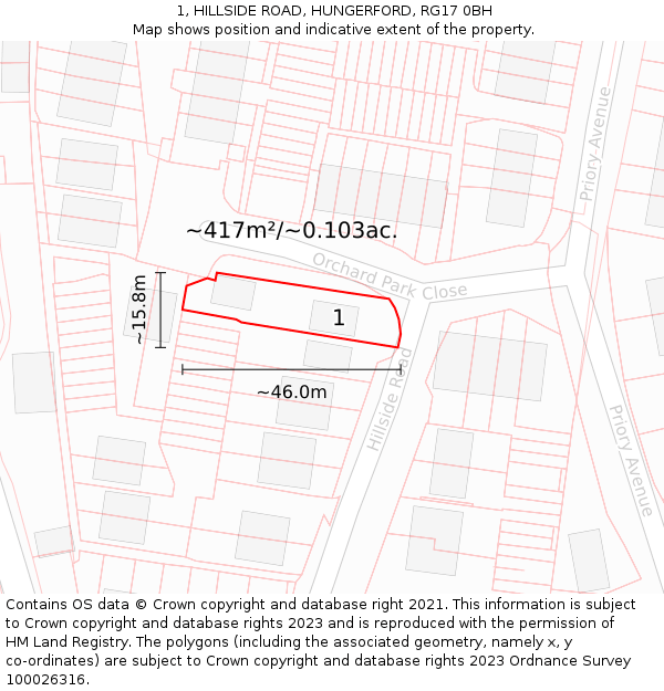1, HILLSIDE ROAD, HUNGERFORD, RG17 0BH: Plot and title map