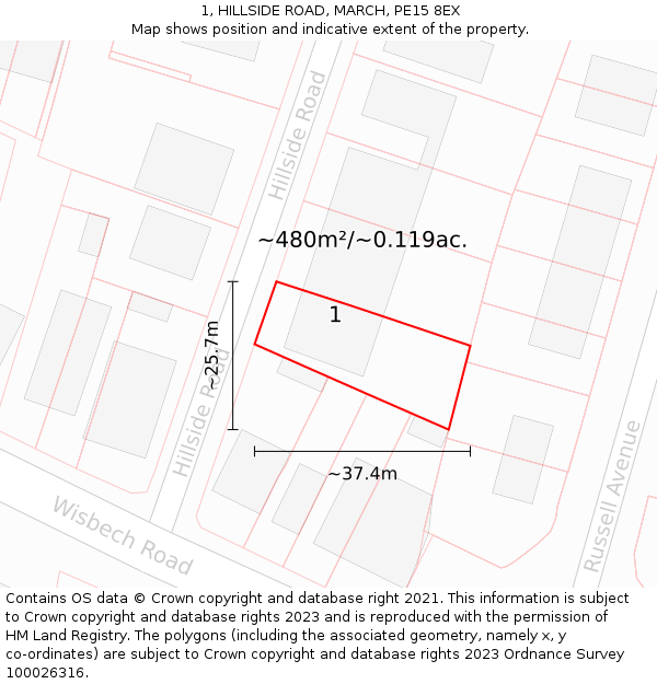 1, HILLSIDE ROAD, MARCH, PE15 8EX: Plot and title map