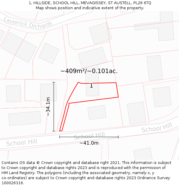 1, HILLSIDE, SCHOOL HILL, MEVAGISSEY, ST AUSTELL, PL26 6TQ: Plot and title map