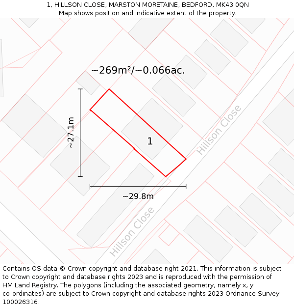 1, HILLSON CLOSE, MARSTON MORETAINE, BEDFORD, MK43 0QN: Plot and title map