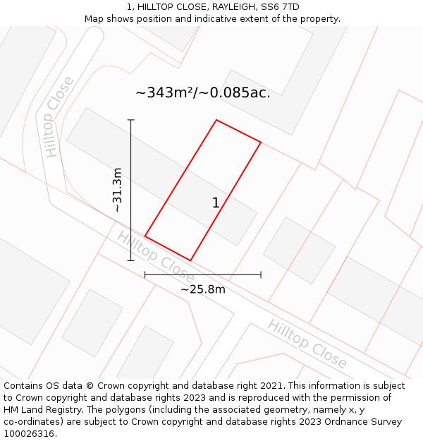 1, HILLTOP CLOSE, RAYLEIGH, SS6 7TD: Plot and title map