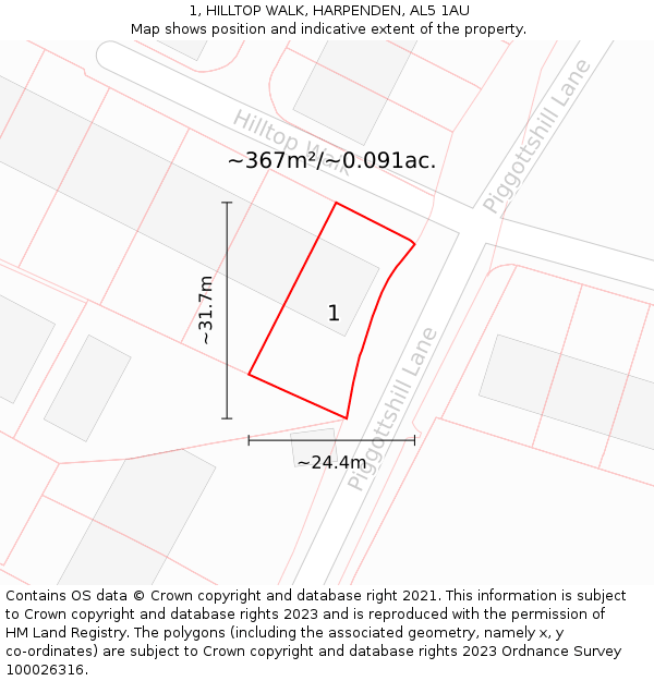 1, HILLTOP WALK, HARPENDEN, AL5 1AU: Plot and title map