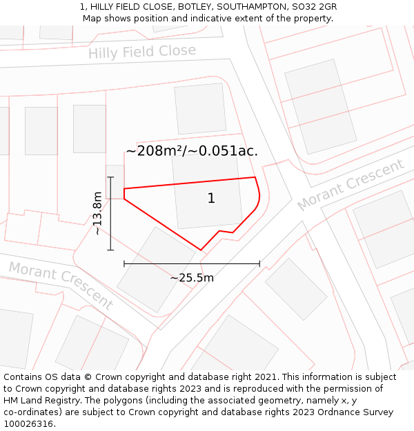 1, HILLY FIELD CLOSE, BOTLEY, SOUTHAMPTON, SO32 2GR: Plot and title map