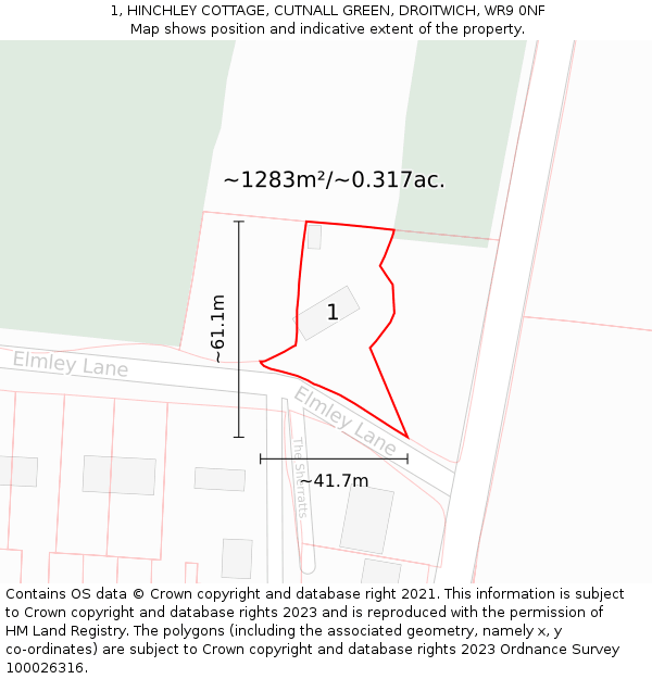 1, HINCHLEY COTTAGE, CUTNALL GREEN, DROITWICH, WR9 0NF: Plot and title map