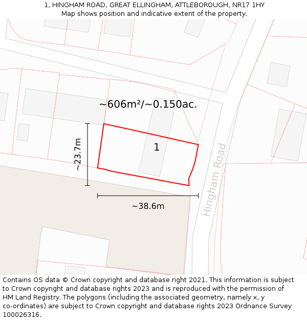 1, HINGHAM ROAD, GREAT ELLINGHAM, ATTLEBOROUGH, NR17 1HY: Plot and title map