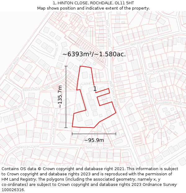 1, HINTON CLOSE, ROCHDALE, OL11 5HT: Plot and title map