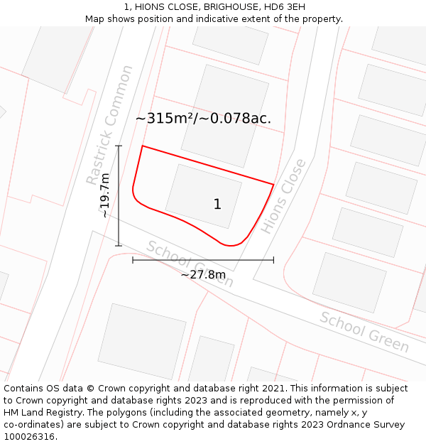 1, HIONS CLOSE, BRIGHOUSE, HD6 3EH: Plot and title map