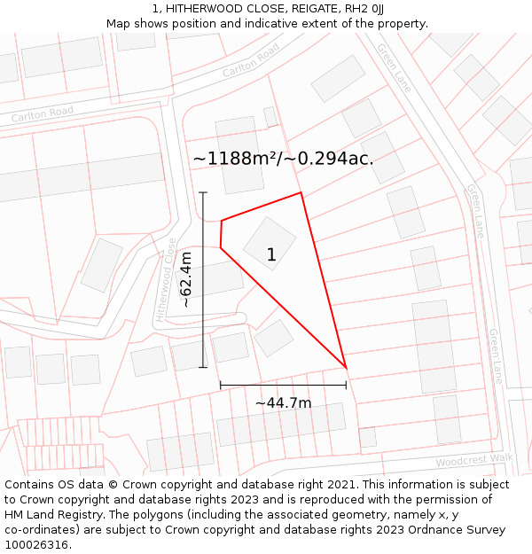 1, HITHERWOOD CLOSE, REIGATE, RH2 0JJ: Plot and title map