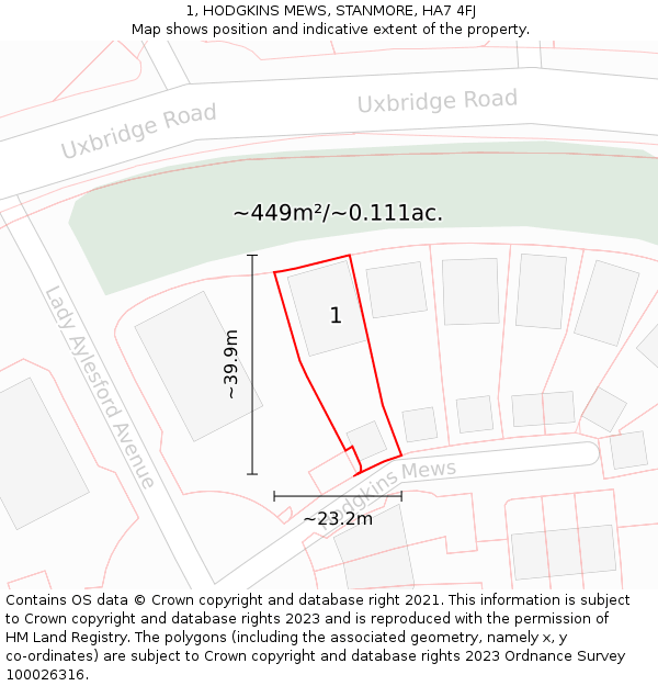 1, HODGKINS MEWS, STANMORE, HA7 4FJ: Plot and title map