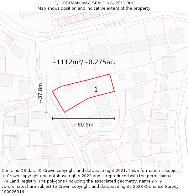 1, HOEKMAN WAY, SPALDING, PE11 3HE: Plot and title map