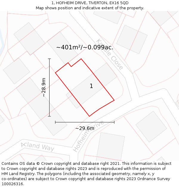 1, HOFHEIM DRIVE, TIVERTON, EX16 5QD: Plot and title map