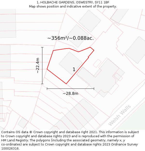 1, HOLBACHE GARDENS, OSWESTRY, SY11 1BF: Plot and title map