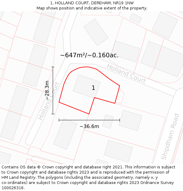 1, HOLLAND COURT, DEREHAM, NR19 1NW: Plot and title map