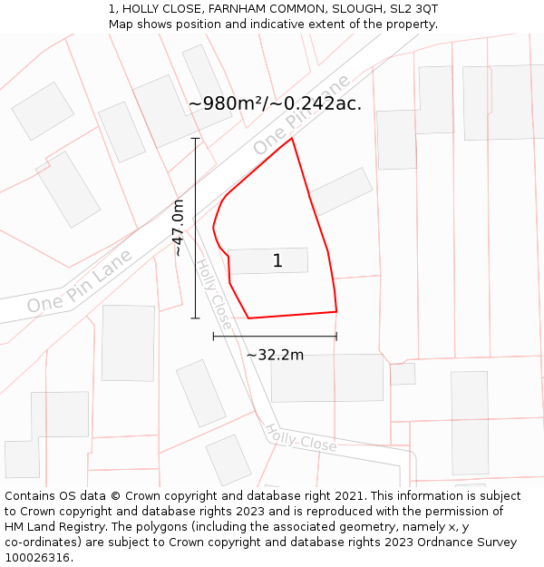 1, HOLLY CLOSE, FARNHAM COMMON, SLOUGH, SL2 3QT: Plot and title map