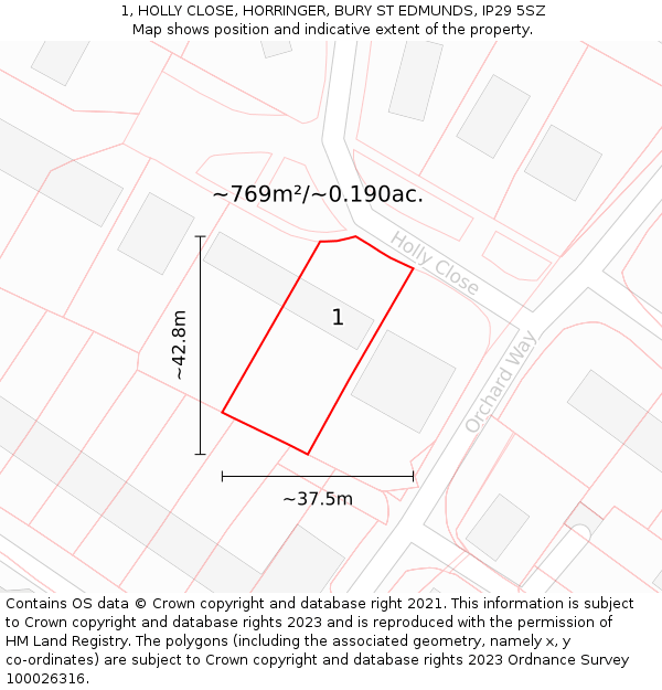 1, HOLLY CLOSE, HORRINGER, BURY ST EDMUNDS, IP29 5SZ: Plot and title map