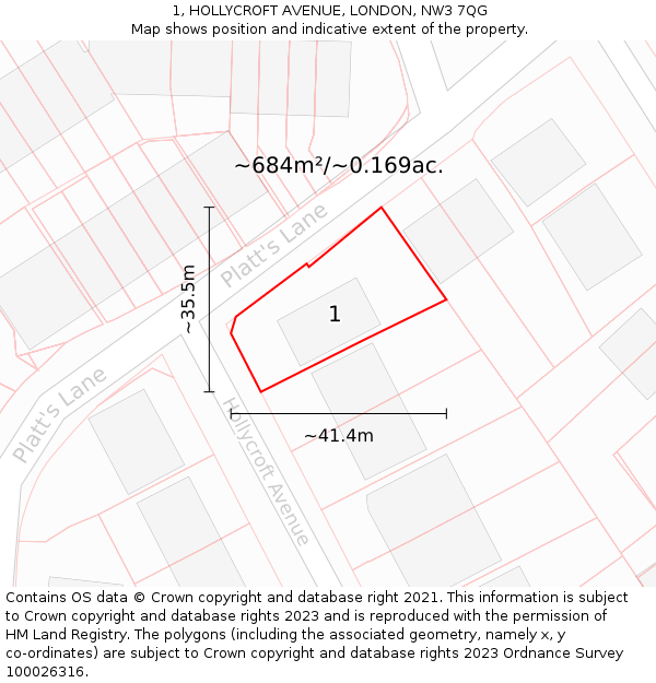 1, HOLLYCROFT AVENUE, LONDON, NW3 7QG: Plot and title map