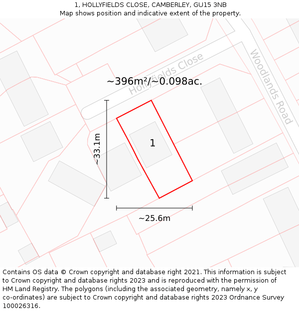 1, HOLLYFIELDS CLOSE, CAMBERLEY, GU15 3NB: Plot and title map