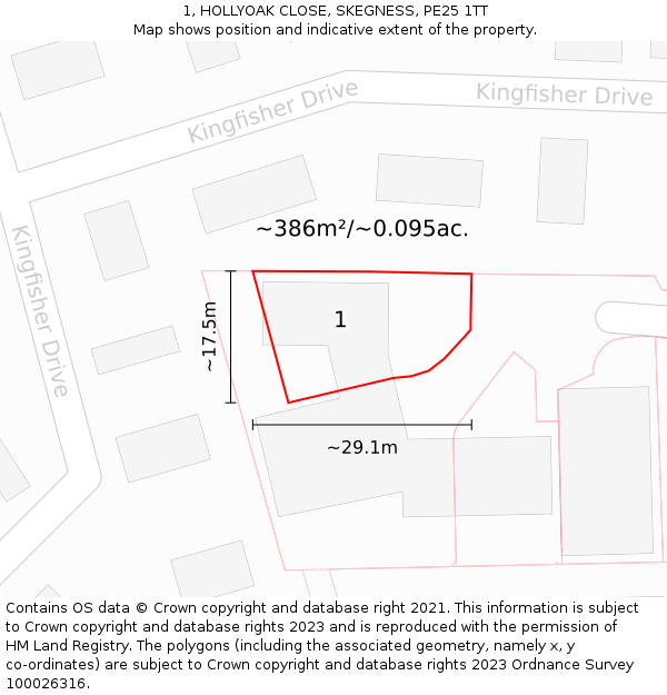 1, HOLLYOAK CLOSE, SKEGNESS, PE25 1TT: Plot and title map