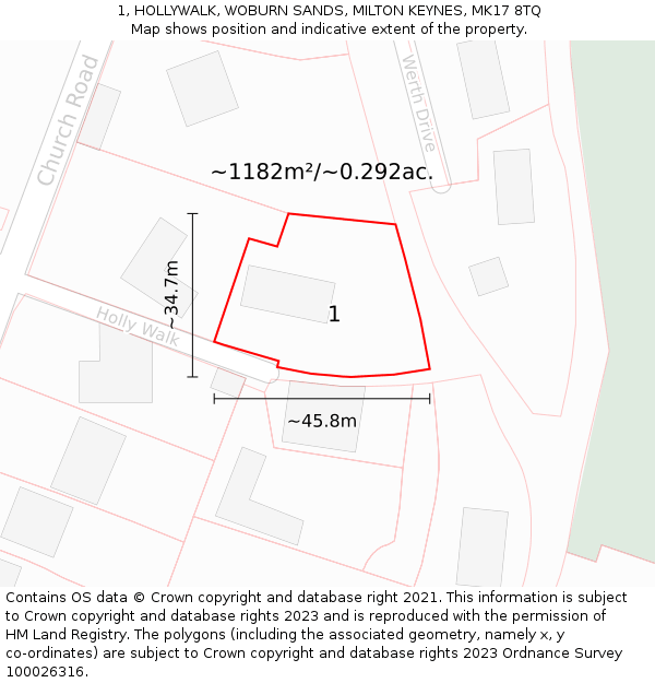 1, HOLLYWALK, WOBURN SANDS, MILTON KEYNES, MK17 8TQ: Plot and title map