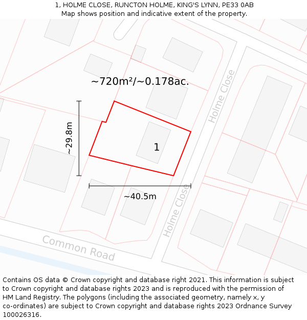 1, HOLME CLOSE, RUNCTON HOLME, KING'S LYNN, PE33 0AB: Plot and title map