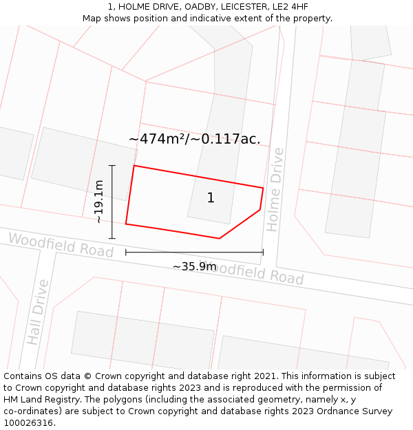 1, HOLME DRIVE, OADBY, LEICESTER, LE2 4HF: Plot and title map