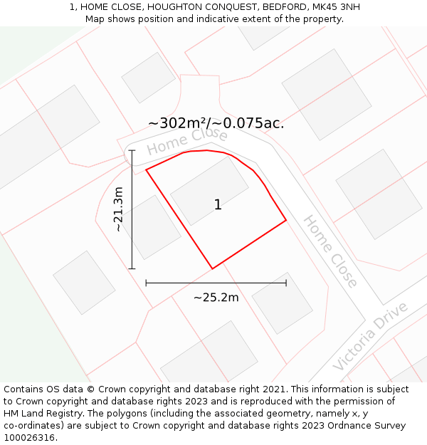 1, HOME CLOSE, HOUGHTON CONQUEST, BEDFORD, MK45 3NH: Plot and title map