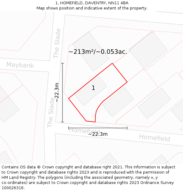 1, HOMEFIELD, DAVENTRY, NN11 4BA: Plot and title map