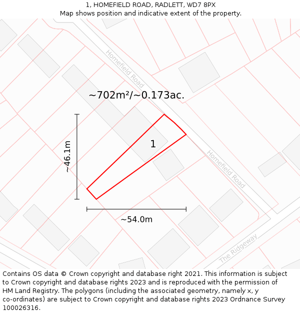 1, HOMEFIELD ROAD, RADLETT, WD7 8PX: Plot and title map