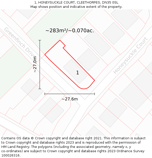 1, HONEYSUCKLE COURT, CLEETHORPES, DN35 0SL: Plot and title map